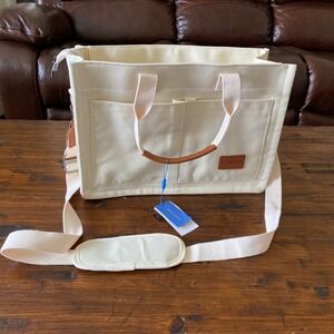 BECOJADDE Canvas Tote Bag Cream Multi-Pocket Organizer NWT Zip Top